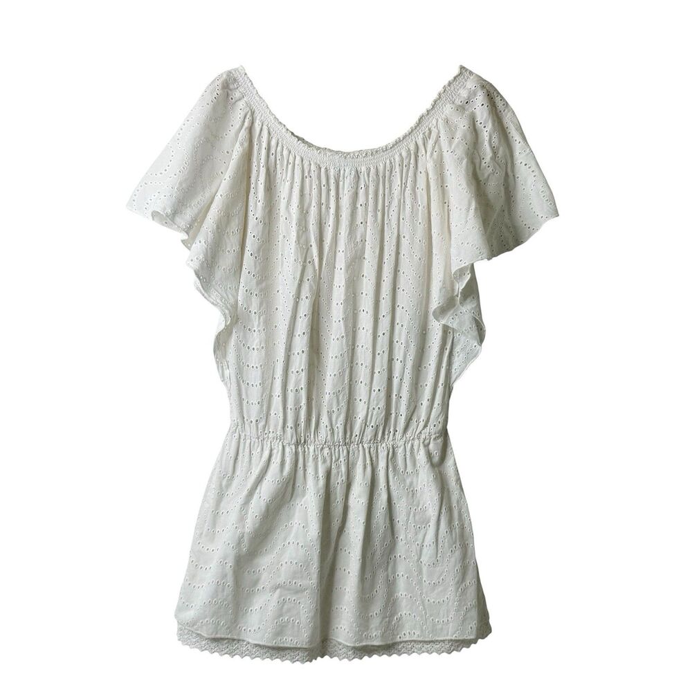 Melissa Odabash Cover Up Dress L White Eyelet Caftan Smocked Lace Resort Beach